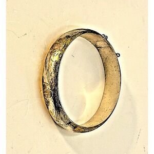 FRS Vintage Etched Floral Hinged Bangle Bracelet Silver Gold‎ Tone